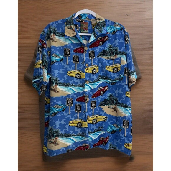 Island Collection USA Route 66 Cars Hawaiian Button Down Shirt Graphic Beach L - Picture 1 of 5